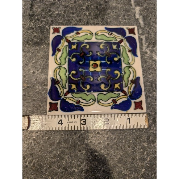 4.5in Blue Green SEASH Signed Mexican Tile - See Photos (surface wear/scratches) - Picture 4 of 6